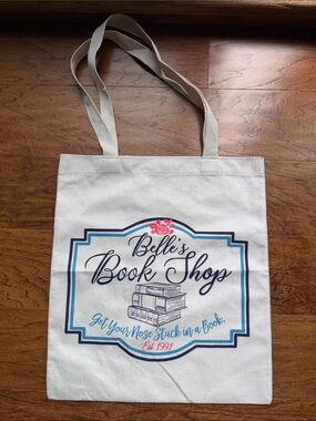 Belle's Book Shop Canvas Tote - White with Navy & Teal Print